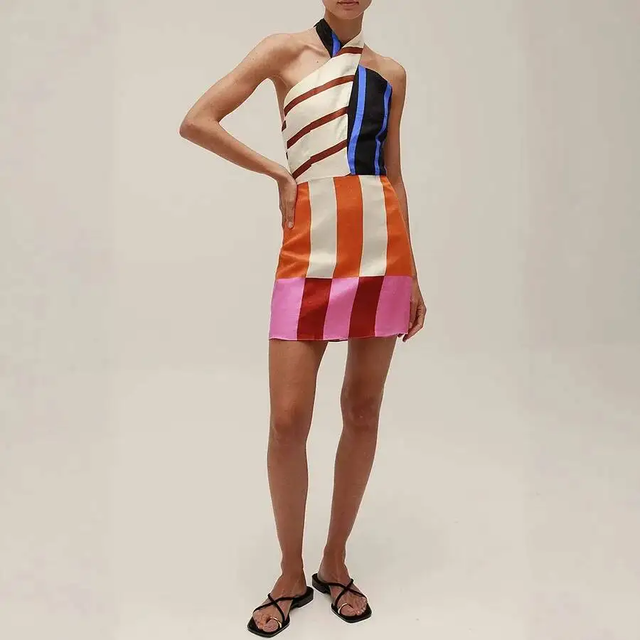 

Sleeveless Sexy Backless Beach Style Ladies Mini Dress Halter Lacing Up Mini Dress Women Summer Retro Print Sweet Party Dress