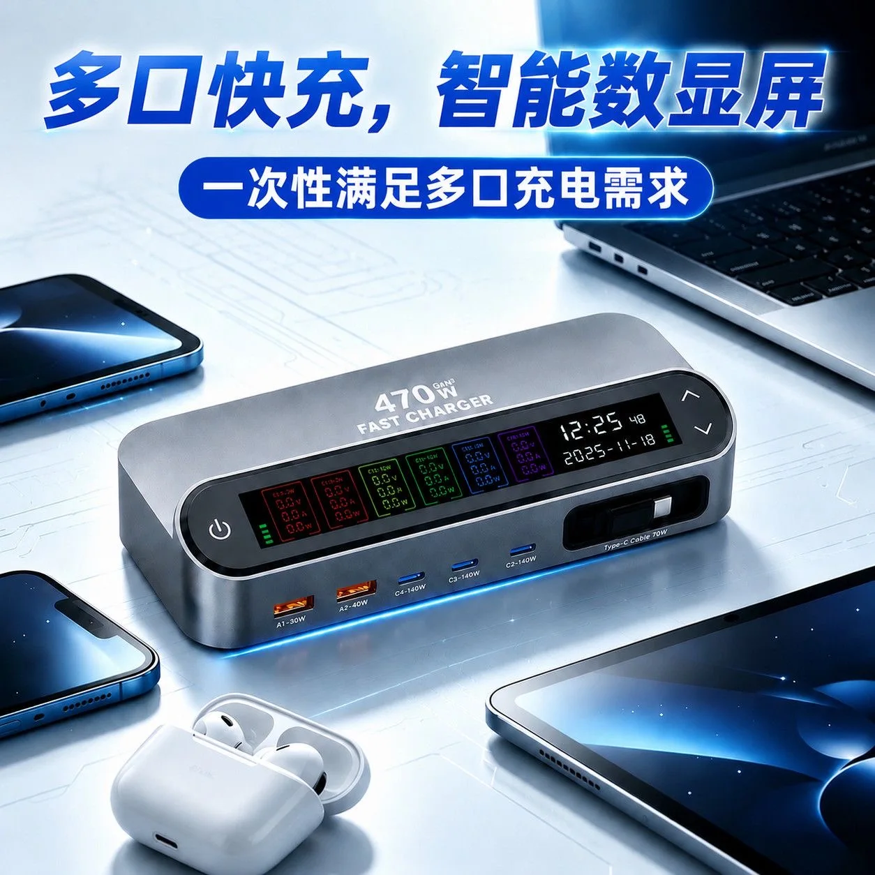 [470W Gallium Nitride Desktop Digital Display Charging Station USB Multi-Port Fast Charging Charger Suitable for Mobile Phones and Tablets, Uk, Us, Eu, and Australian Regulations]