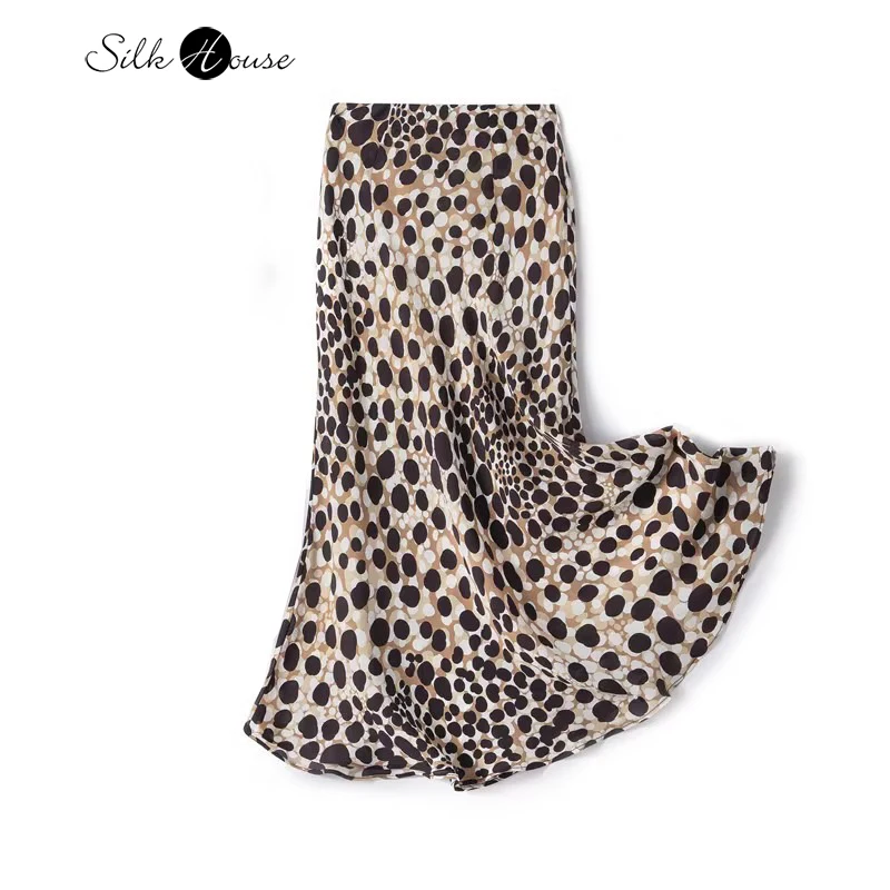 

2025 Early Autumn New 100% Natural Mulberry Silk Satin High Waist Leopard Pattern Women's Slimming Bag Hip Mermaid Skirt