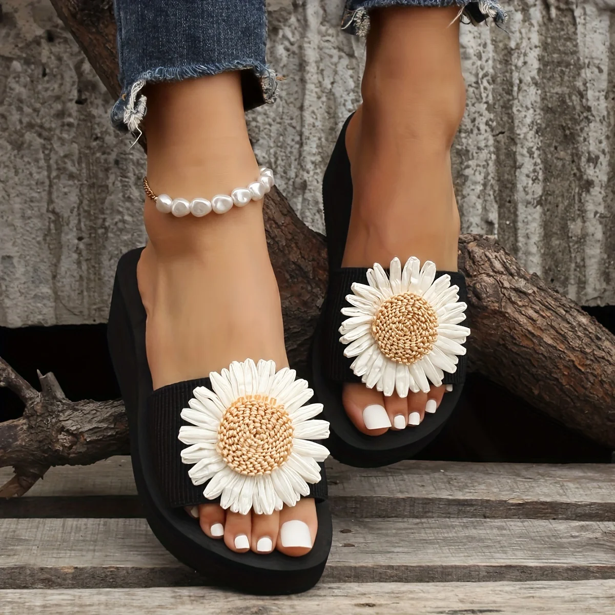 5cm Heel Height Sunflower Simple One-Strap Sandals for Women