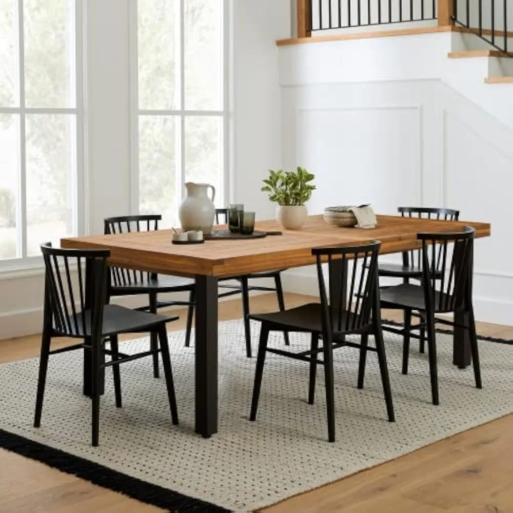 Acacia Wood Dining Table for 6, Indoor/Outdoor Kitchen Table, Iron Legs, Large Rectangular Patio Table for Deck/Sunroom