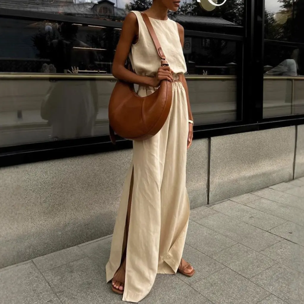 Set da due pezzi in cotone e lino da donna, gilet in tinta unita, pantaloni divisi, abito casual in stile europeo americano primavera estate