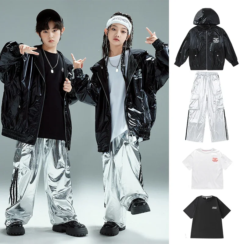 

Black Street Dance Costumes Kids Jazz Fashion Clothes Boys Girls Hip Hop Bright Leather Tops Pants Runways Show Outfit XH1334