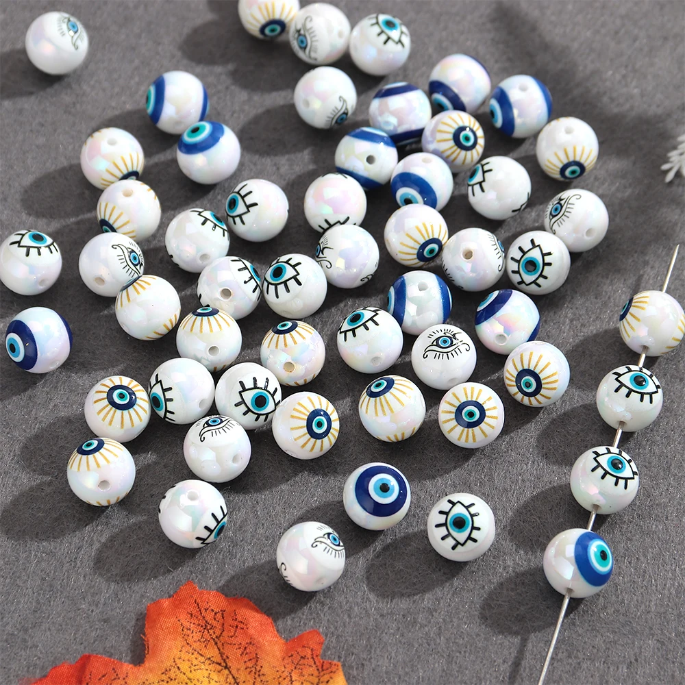 16mm Evil Eye Round Beads White AB Rainbow Resin Blue Eye Charms for Bracelet Necklace Earring DIY Jewelry Making