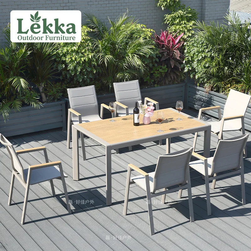 

Customized Outdoor Tables And Chairs Courtyard Villa Garden Plastic Wood Tables And Chairs Combination Waterproof And Sunscreen