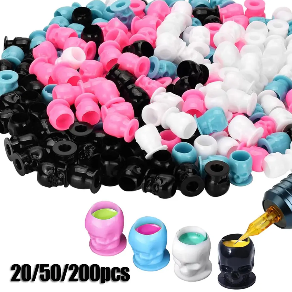 

200/50/20PCS Tattoo Skull Ink Cup Plastic Disposable Pigment Holder Container Cap with Base for Tattoo Accesories Body Artists