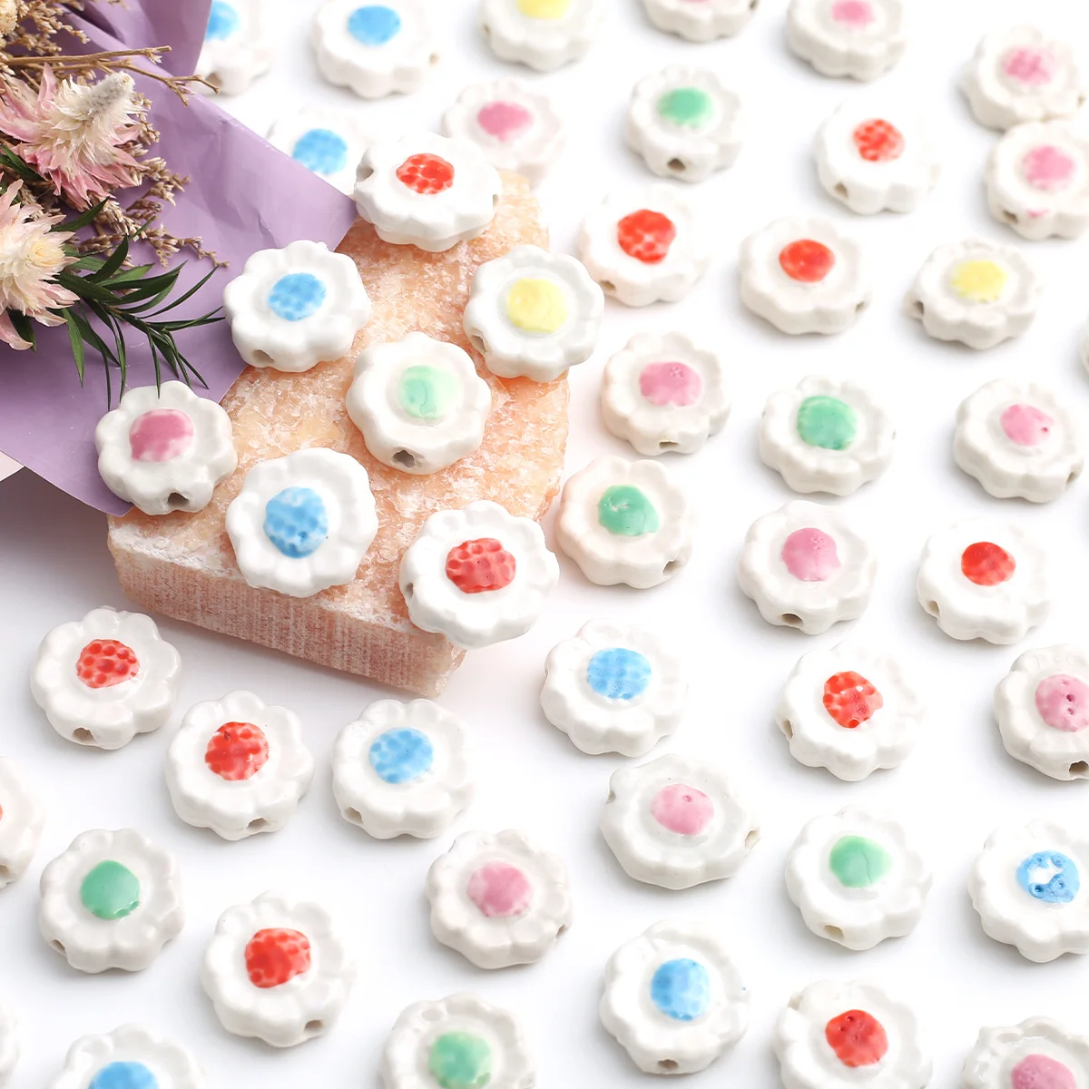 6/18Pcs Random Color Ceramic Flower Beads 18mm Multicolor Flat Loose Beads For DIY Necklace Earring Jewelry Making Supplies