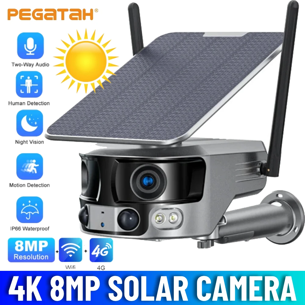 كاميرا 4K 8MP تعمل بالطاقة الشمسية بعدسة مزدوجة 4G كاميرا WIFI خارجية 180 °   كاميرا مراقبة للكشف عن الإنسان PIR ذات رؤية واسعة جدًا، كاميرا صوتية ثنائية الاتجاه