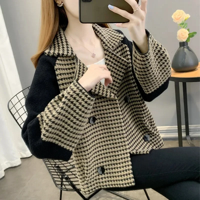 Female Short Xiaoxiangfeng Suit Coat Women Loose Fitting Houndstooth Tops Spring Autumn Lady Long Sleeves Cardigan Blazer Jacket