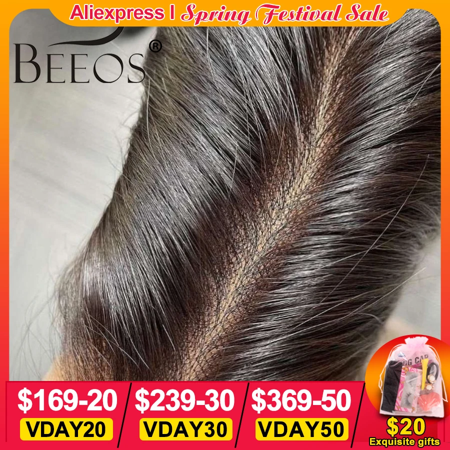 Beeos-fechamento brasileiro natural do laço, cabelo liso, 2x6, 6 inch, separação profunda, pre-arrancado, cabelo virgem, para mulheres