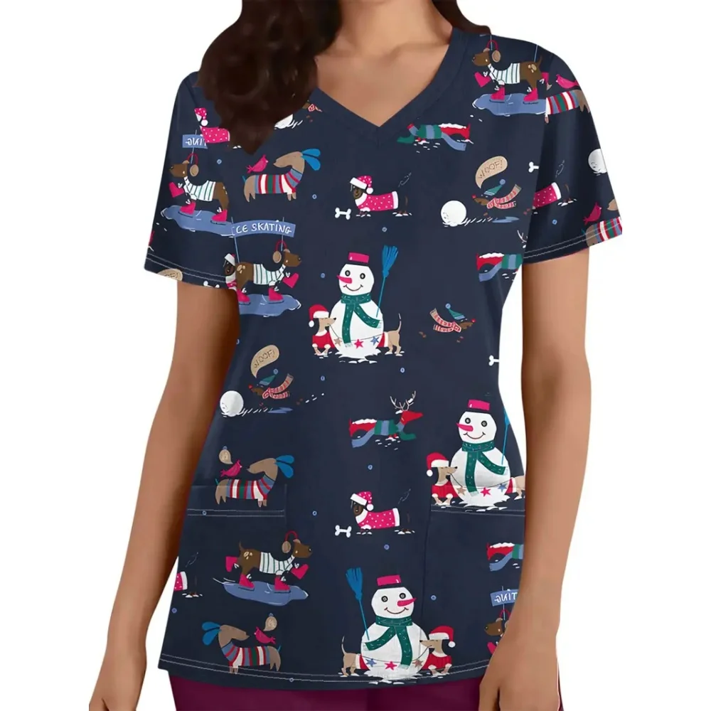 Uniforme de gommage de noël pour femme, motif de bonhomme de neige de dessin animé, haut d'infirmière de dentiste, confortable à manches courtes avec poche, uniforme d'infirmière pour femme