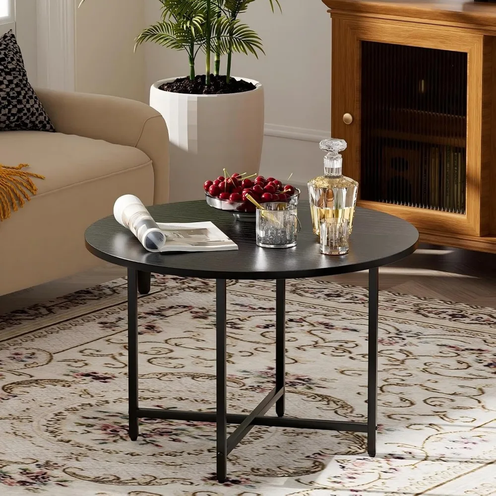 

Круглый деревянный журнальный столик с металлическим каркасом, компактный для гостиной и офиса, черный, 23,6 дюйма Г x 17,7 дюйма В