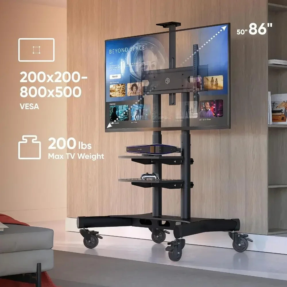 Adjustable Height Portable TV Stand with Wheels, Fits 50-86 Inch TVs, Max 233 lbs, Black
