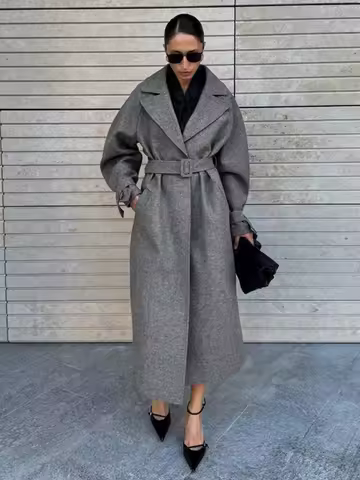 Bornladies Women's Fashion New Autumn Winter Extra Long Belted Loose Wool Coat Elegant Woolen Outerwear ﻿Jackets