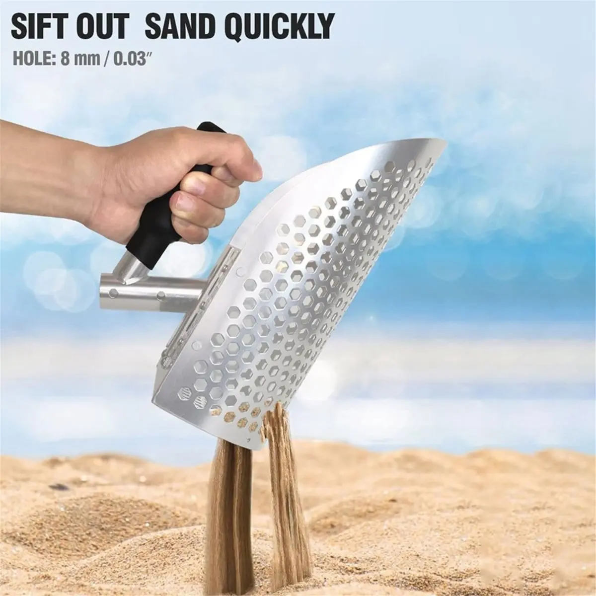 PHONE&GEAR Large Sand Scoop with Long Handle Stainless Steel Heavy Duty Metal Detecting Sand Scoop,Treasure Seeker Tool for Bea