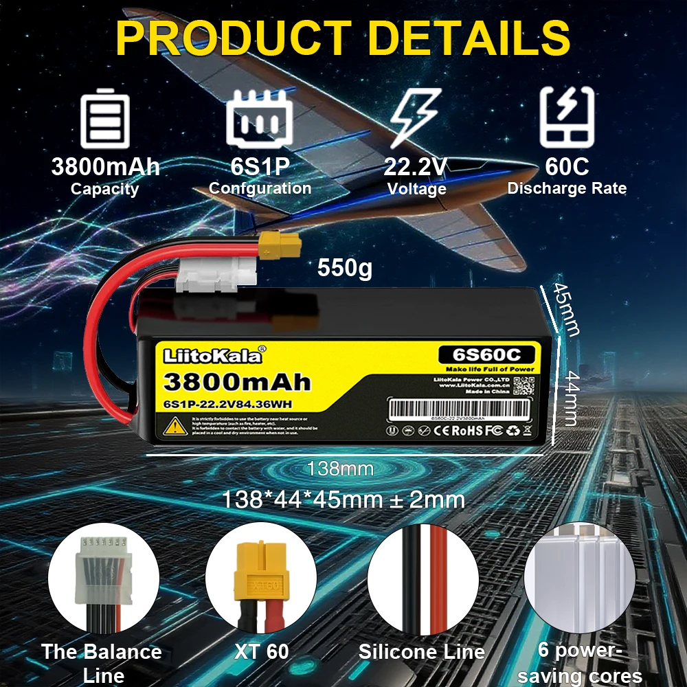 LiitoKala 22.2 فولت 3800 مللي أمبير 60C 6S بطارية ليبو XT60/90 TRX T خيارات توصيل متعددة مناسبة لطائرات بدون طيار FPV وسيارات التحكم عن بعد