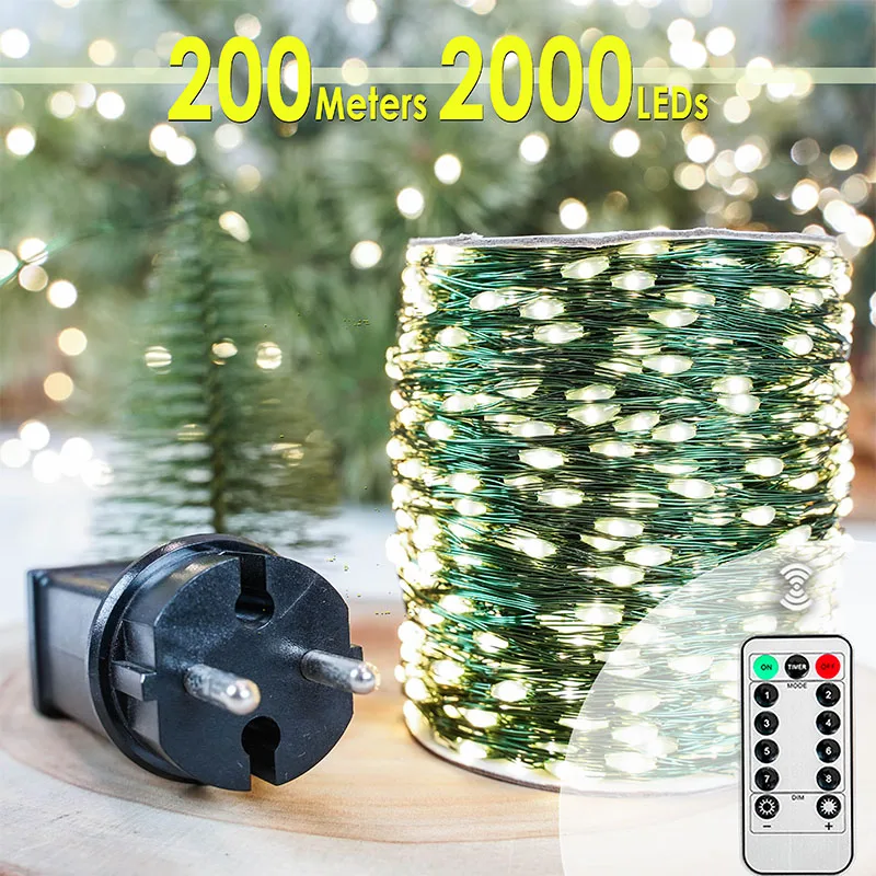 

200M Green Cable Waterproof LED Fairy String Lights Outdoor Garland Garden Christmas Halloween Party House Decor All Year