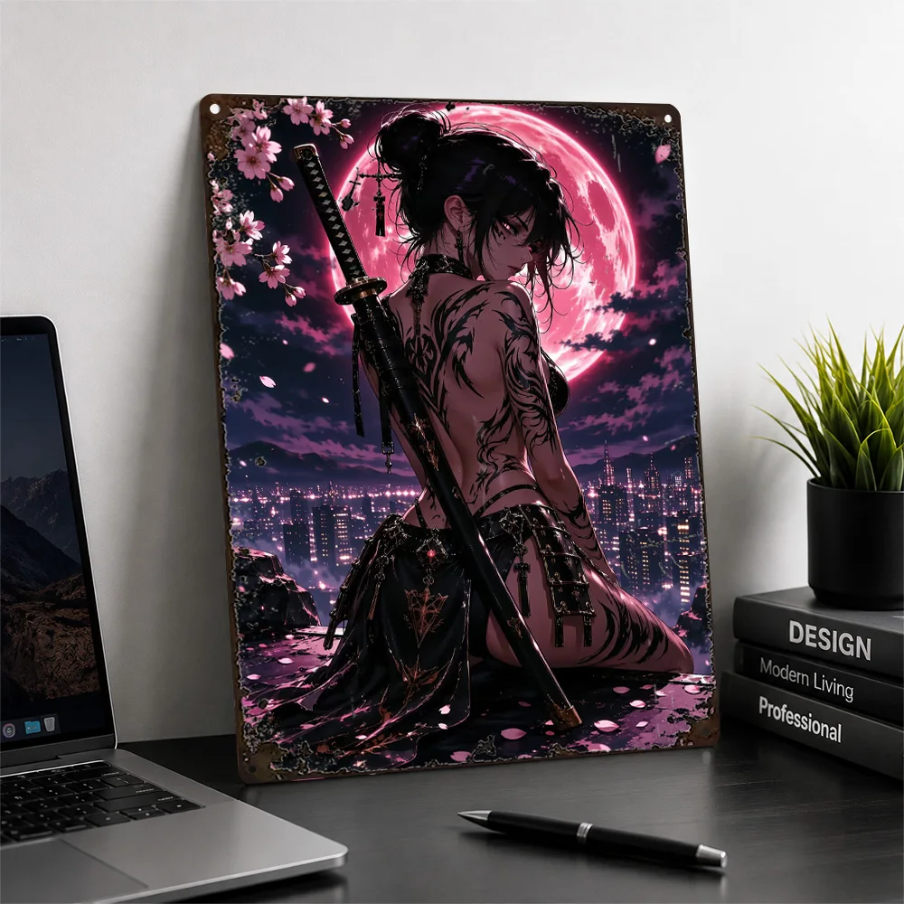 Tattooed Samurai Under Red Moon Textured Metal Poster Japanese Anime Wall Art For Gaming Room Customized Aluminum Sign Fan Gift