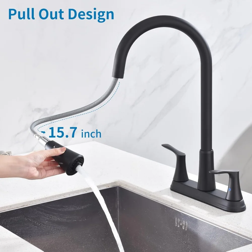 2-Handle Kitchen Faucet, 8-Inch 360° Rotating Pull-Down Sprayer (3-Hole), Centerset with Lines, Matte Black