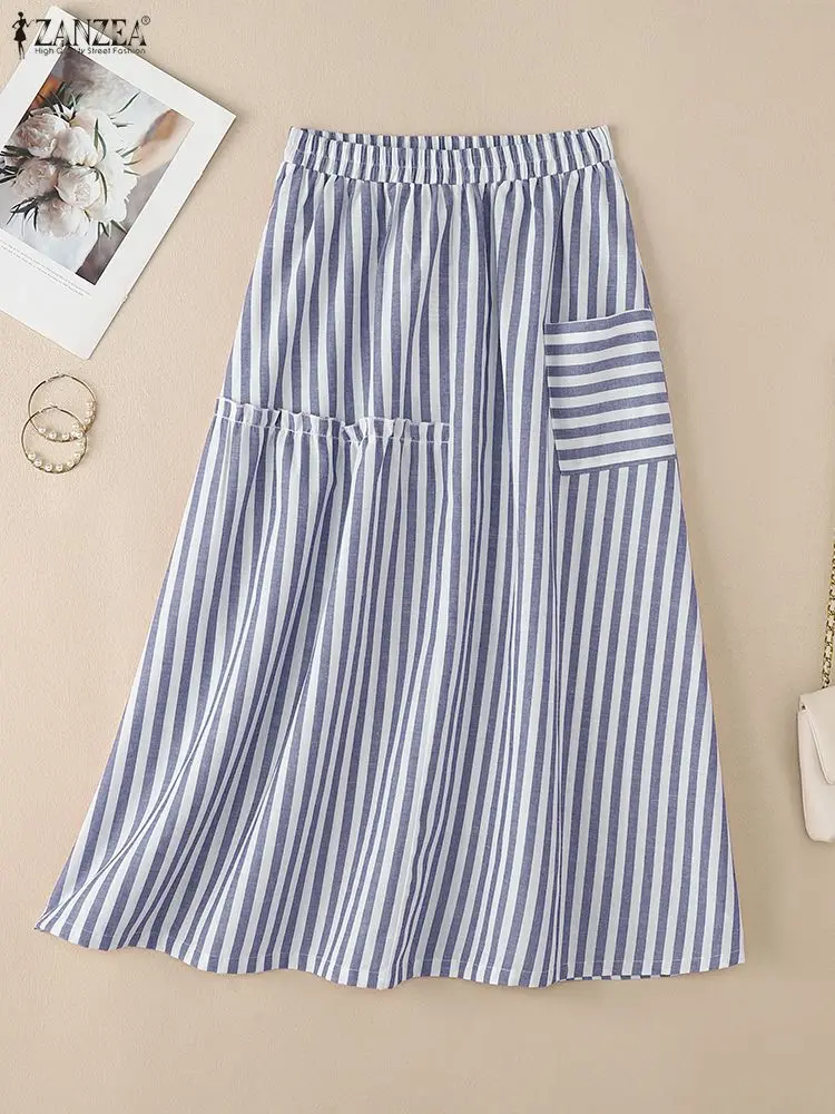 ZANZEA موضة النساء عالية الخصر مكتب شريط التنانير الخريف Jupes أنيقة ألف خط OL العمل Faldas Saia أنيق مطوي ميدي تنورة #4