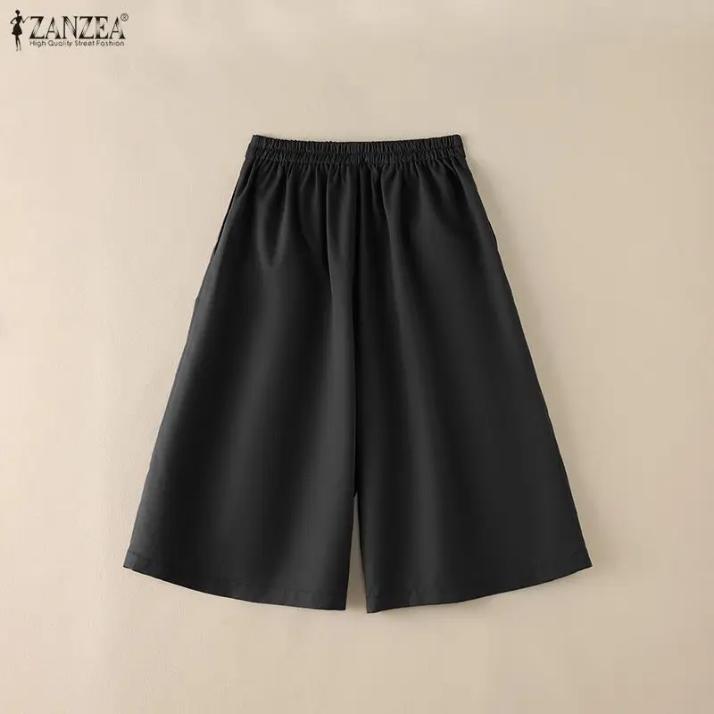 ZANZEA 2026 Summer Women's Casual Calf-Length Wide Leg Pants Elastic Back Waist Solid Color Loose Cropped Pant Commuting Capris
