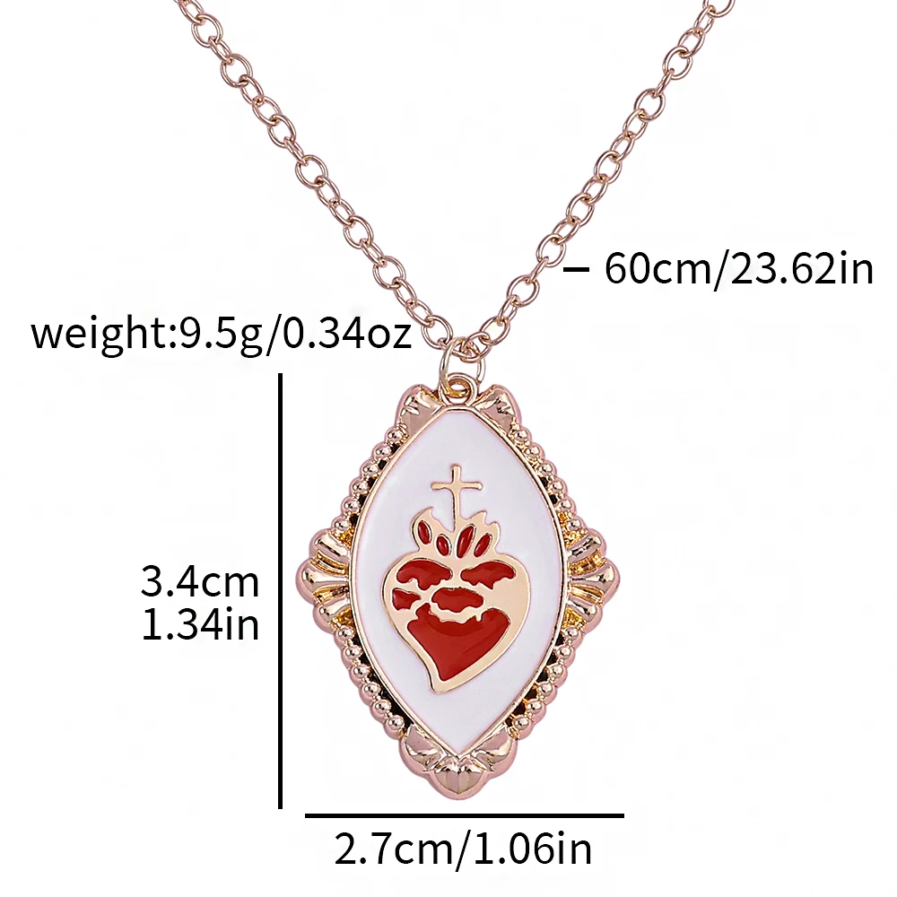 Vintage Sacred Heart Diamond Enamel Necklace with Gold Carving Cross Pendant Style Elegant Clavicle Chain