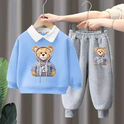 Autumn Baby Girls Clothes Set Children Boy Cartoon Bear Printed Lapel Sweatshirts Top And Pants Bottom 2 Pieces Suit Tracksuits