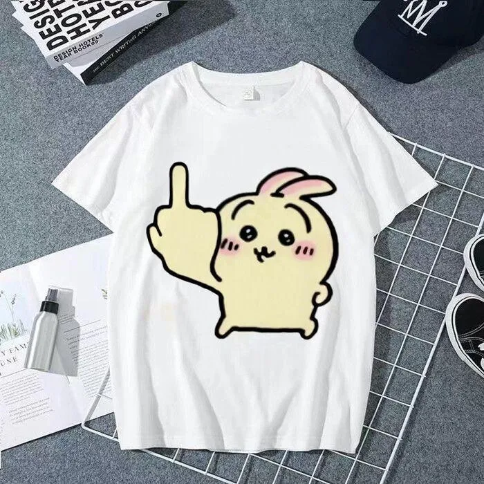 Chiikawa Usagi Pointing Finger Graphic T-Shirt Cute Kawaii Unisex Oversize Loose Casual Short Sleeve Cotton Top for Men Women