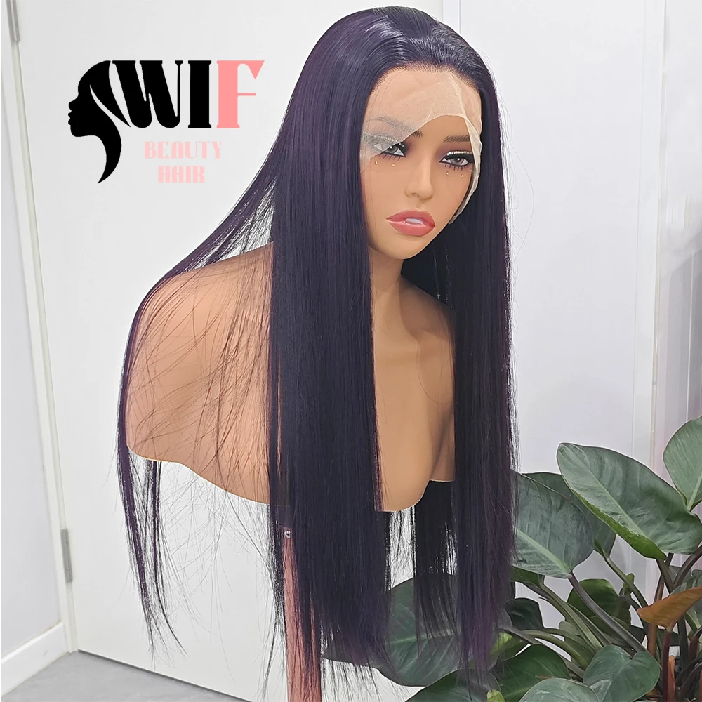 WIF Dark Purple Straight Synthetic Wig Long Straight Free Part Lace Front Wigs Natural Hairline Purpl Hair Daily Makeup Use Wig