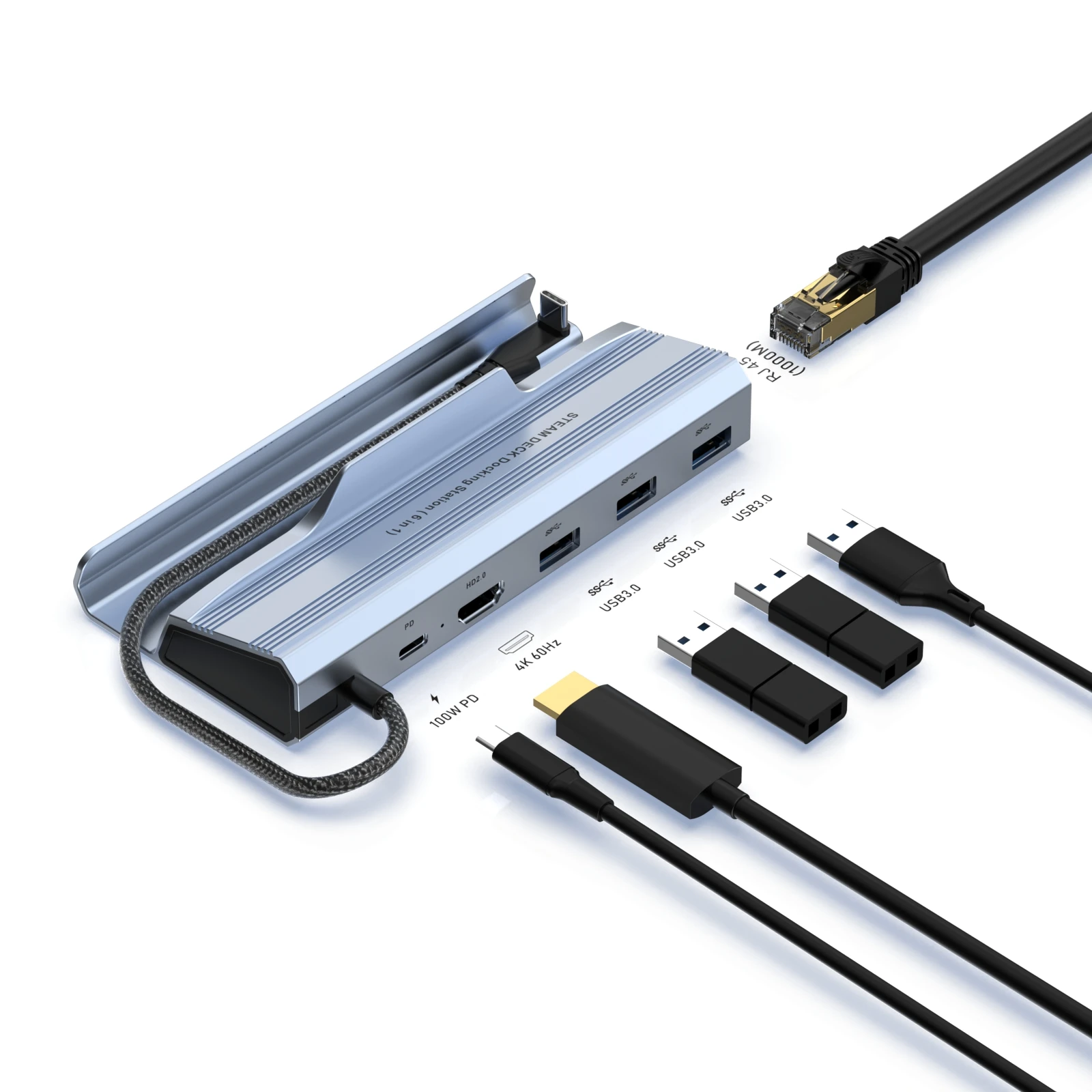 Novo Hub USB C 6 em 1, Estação Dock Steam Deck, Base de TV, Suporte Hub, USB C para RJ45 Ethernet 4K HD para Console Steam Deck