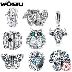 WOSTU 925 Sterling Silver Retro Coiled Snake Workship Charm Hollow Cross Butterfly Silicone Bead Fit Original Bracelet DIY Gift