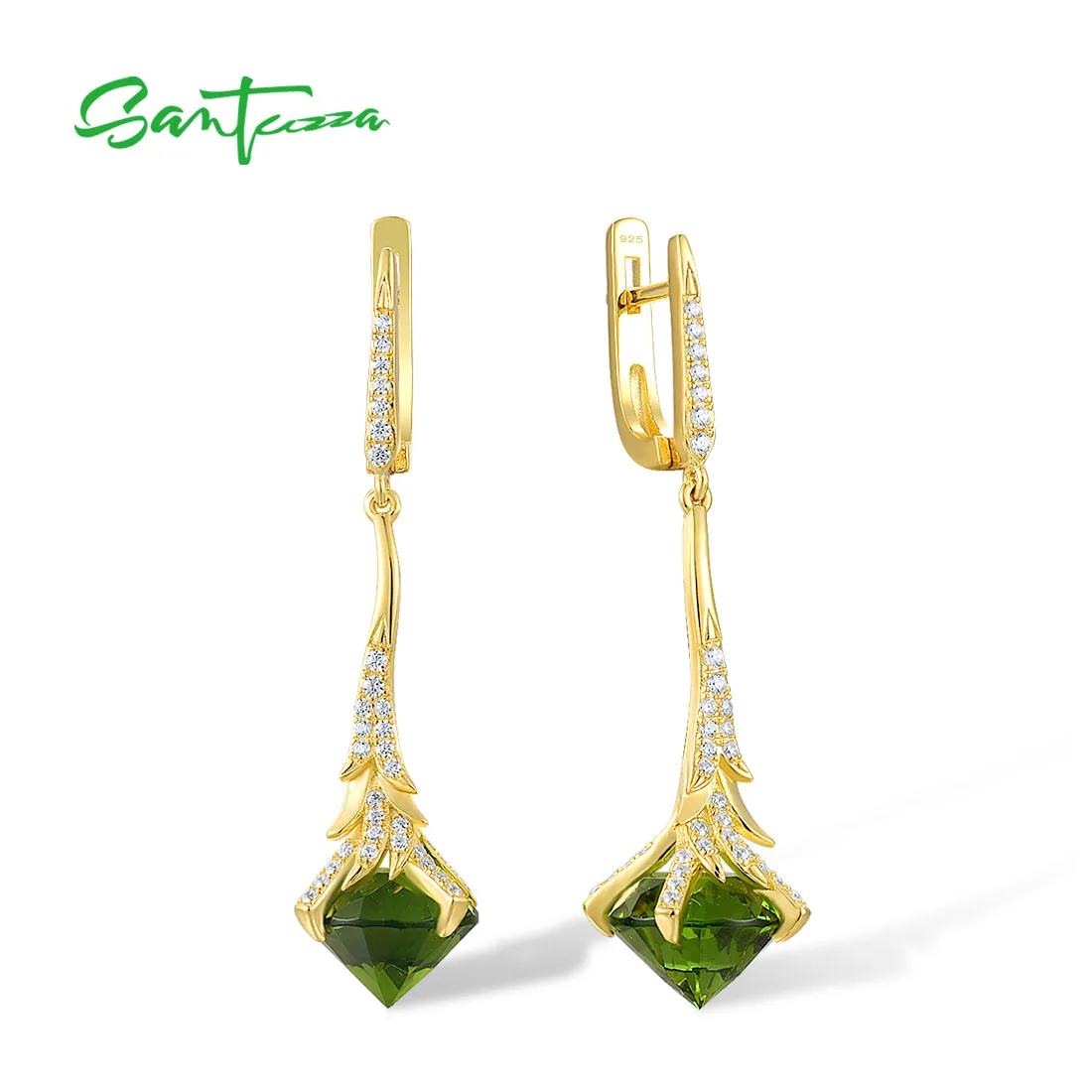 SANTUZZA  Genuine 925 Sterling Silver Earrings For Women Sparkling White Cubic Zirconia Green Glass Yellow Plating Fine Jewelry