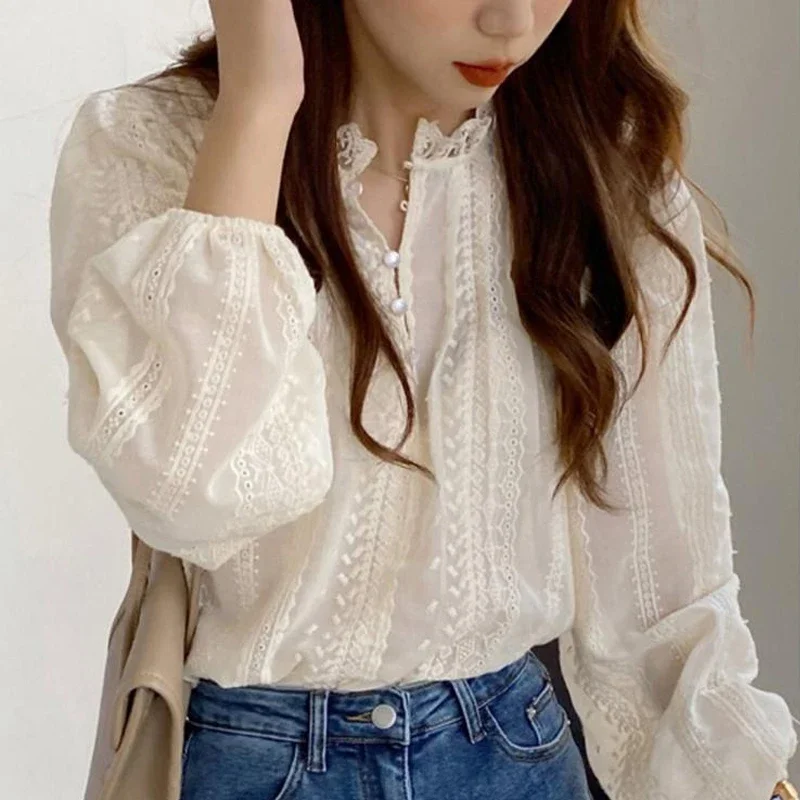 2024 Spring O-neck Elegant Blouse Puff Sleeve Sweet Women\'s Shirt Fashion New Lace Long Sleeve Tops