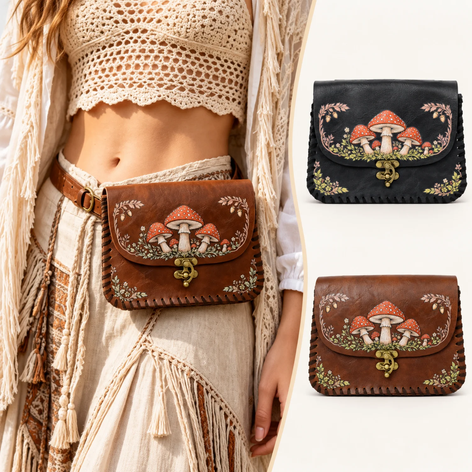 Halloween-Umhängetasche aus PU-Leder mit Hexen-Pilz-Motiv, Halloween-Festival-Cosplay-Handtasche, einzigartiges Geschenk – Detail 1