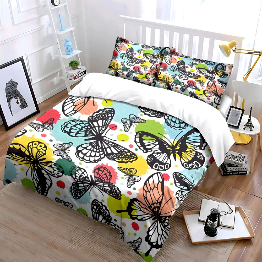 Black line art butterflies on colorful Pattern Duvet Cover Set Digital Print Colorful Polyester Bedding with Zipper Closur