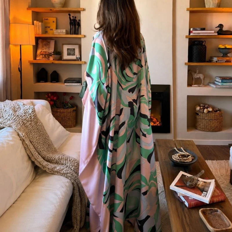 Vacation Autumn Women's Geometric Print Long Sleeved Maxi Dress Holiday Casual Loose Beach Evening Party Maxi Dresses Ladies