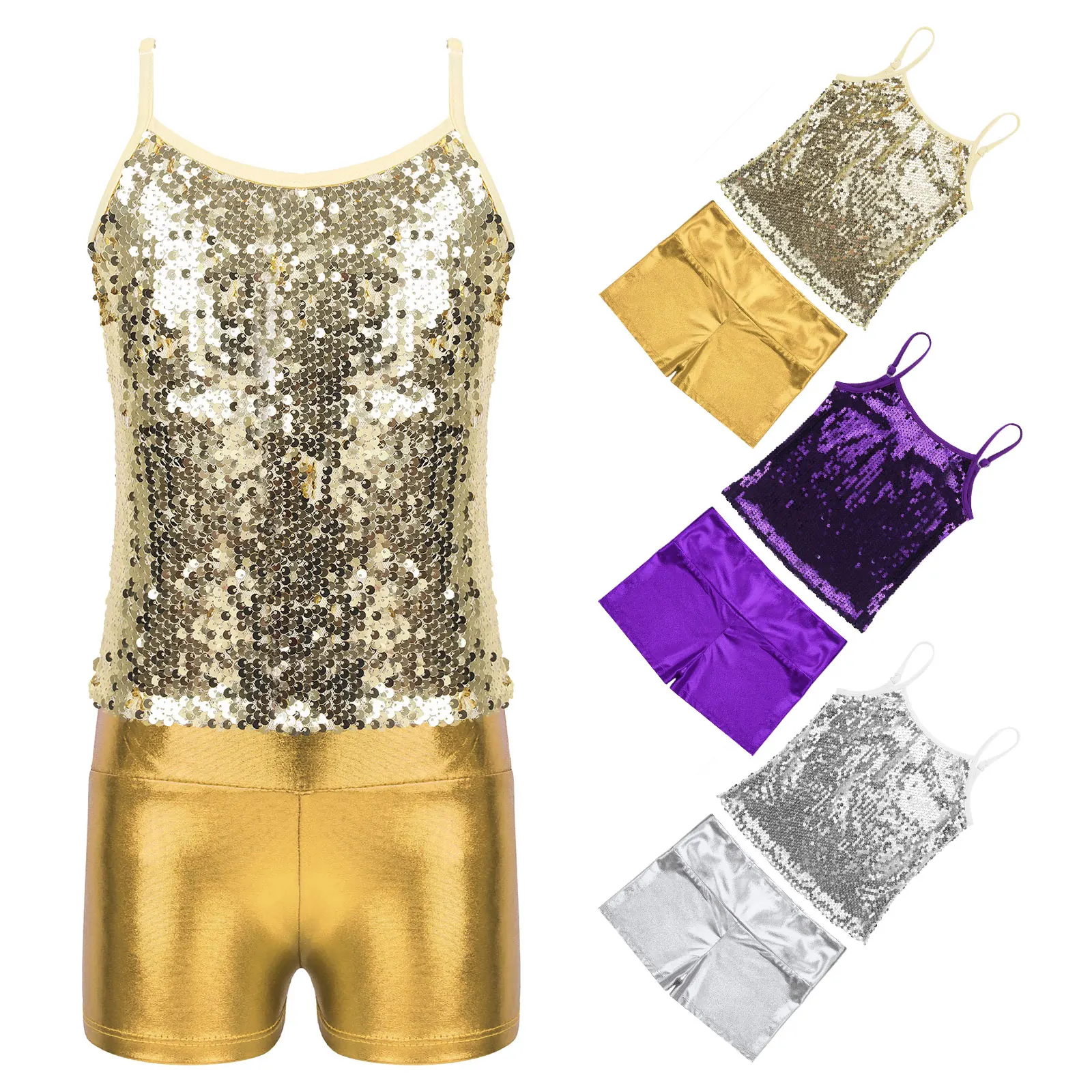 Kids Girls Shiny Sequins Dance Outfit Jazz Hip Hop Costume Camis Tank Crop Top+Metallic Shorts for Gymnastics Stage Performance
