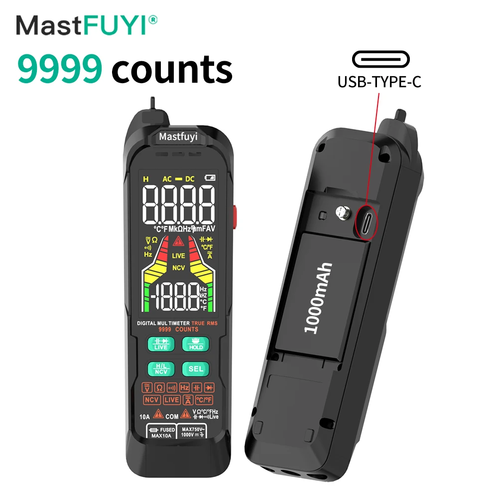 

MASTFUYI Large Display Digital Multimeter AC DC Voltage Current True RMS 1000mAh Lithium Battery USB charging Auto Range