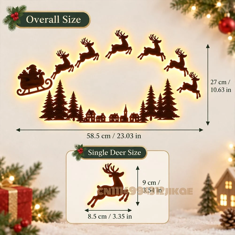 Lighted Santa Sleigh Reindeer Christmas Wall Decor Remote Set, Warm White Glow, Wooden Cutout Design, Flexible Layout