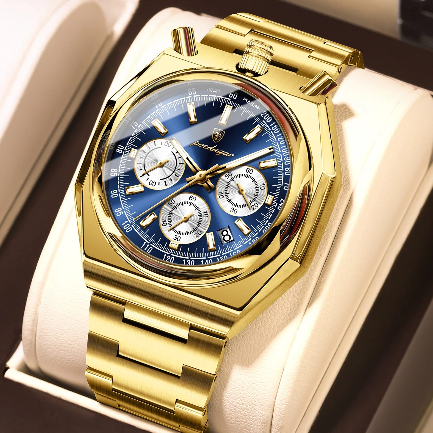 POEDAGAR Unique Fashion Male Wristwatch Luminous Stainless Steel Luxury Men Watch Chronograph Date Military Men's Quartz Watches