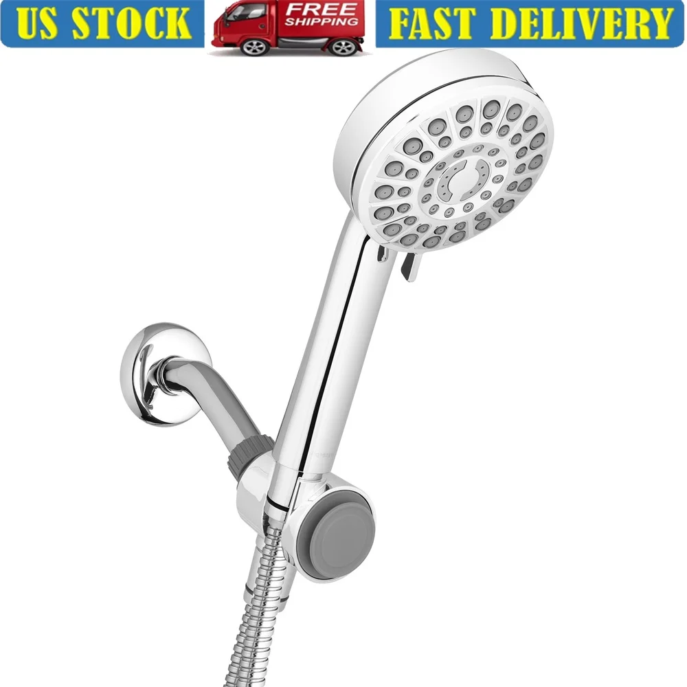 

DualDock Hand Held Shower Head PowerPulse Massage 7 Spray Modes Adjustable Height 5ft Hose Easy Installation Chrome Finish