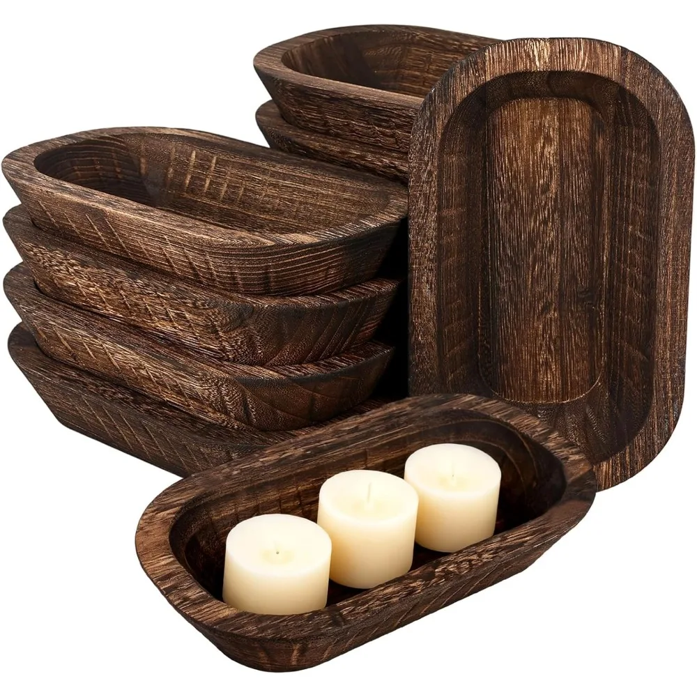 

10 Handmade Wooden Bowls, Rustic Home Decor for Keys, Candles & Potpourri (9.4x5.5x1.7 inches)