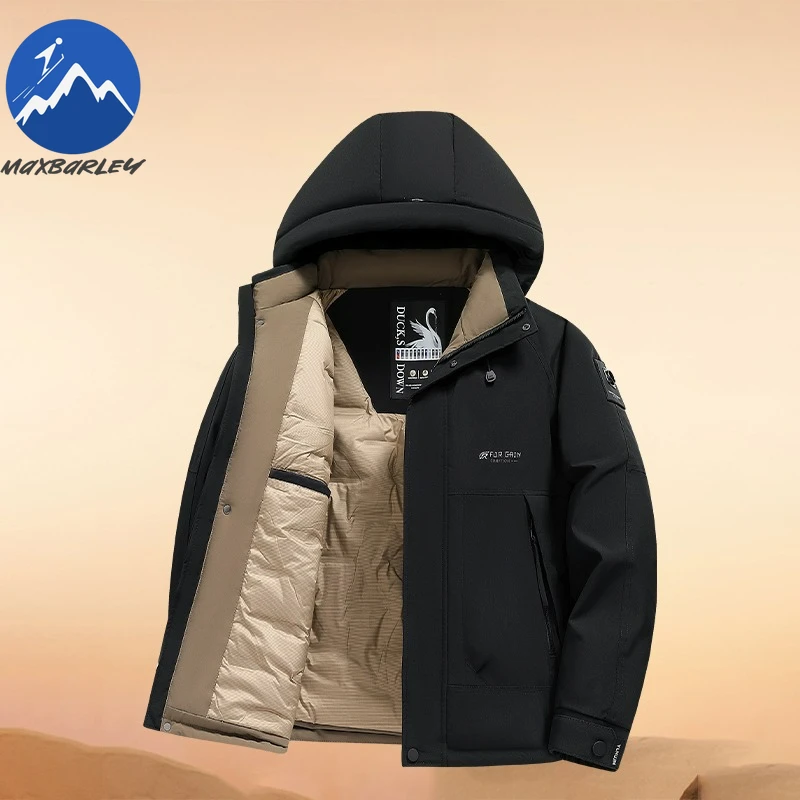 Maxbarley 2026 الشتاء بطة جاكيتات الرجال موضة سميكة خفيفة الوزن أسفل سترة رجل في الهواء الطلق عادية الثلوج التزلج الدافئة معطف مقنع البخاخ