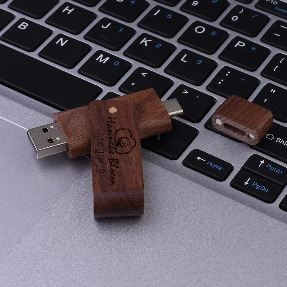 TYPE-C USB 2.0 Flash Drive 128GB 64GB Wooden Free Custom Logo Pen Drive 2 IN1 Memory Stick Rotatable USB Stick for Smart Phone
