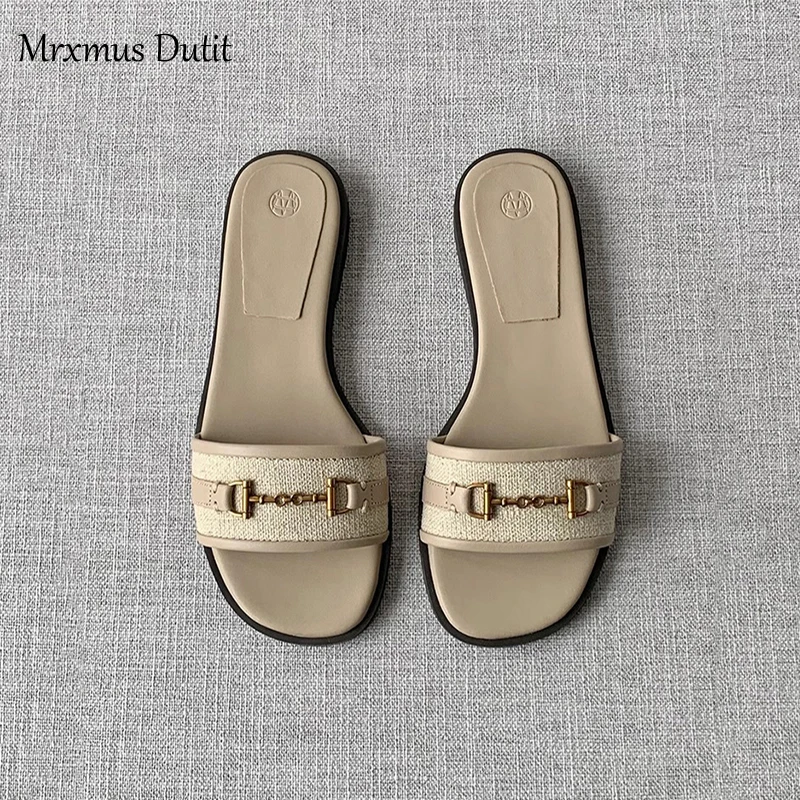 Mrxmus Dutit 2024 New Spring Summer Women Fashion Leather One Word Drag Flat Shoes Casual Versatile Sandals Slippers Female Chic