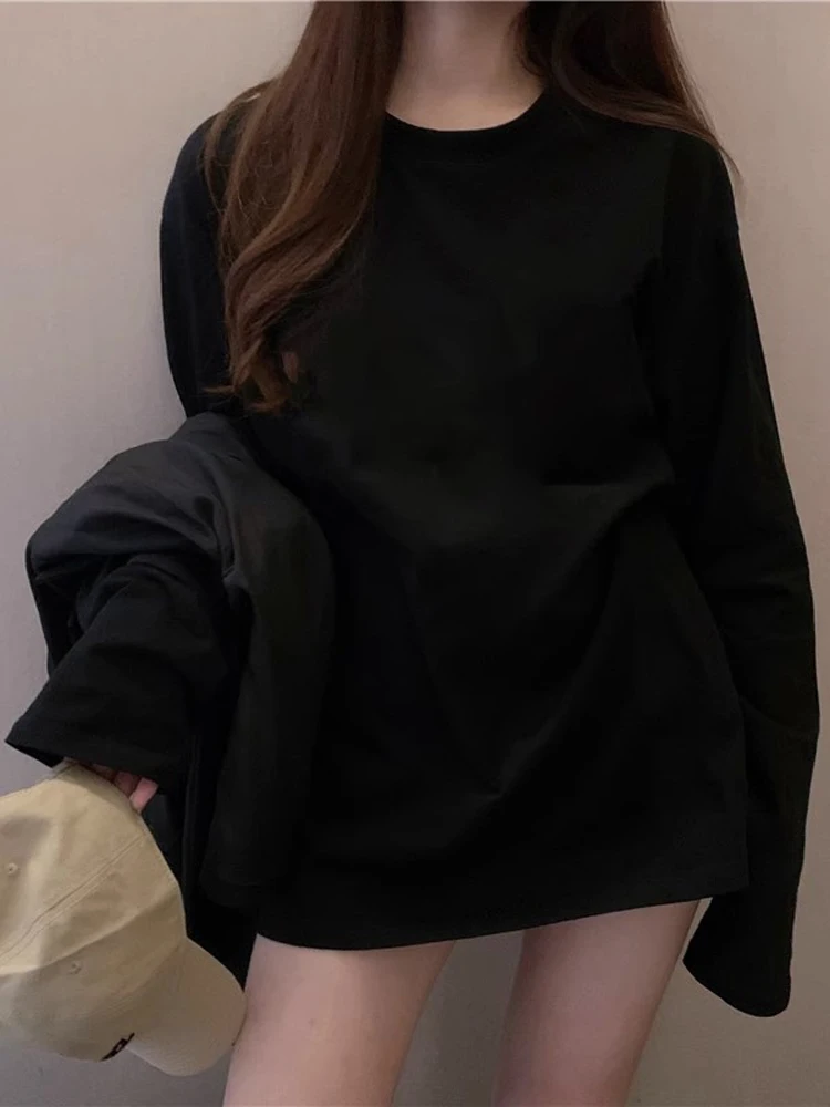 T-shirt bianca lunga ampia Sve Strato base in puro cotone irt Autunno Inverno Donna Faion Casual Stampa rotonda Ne Top