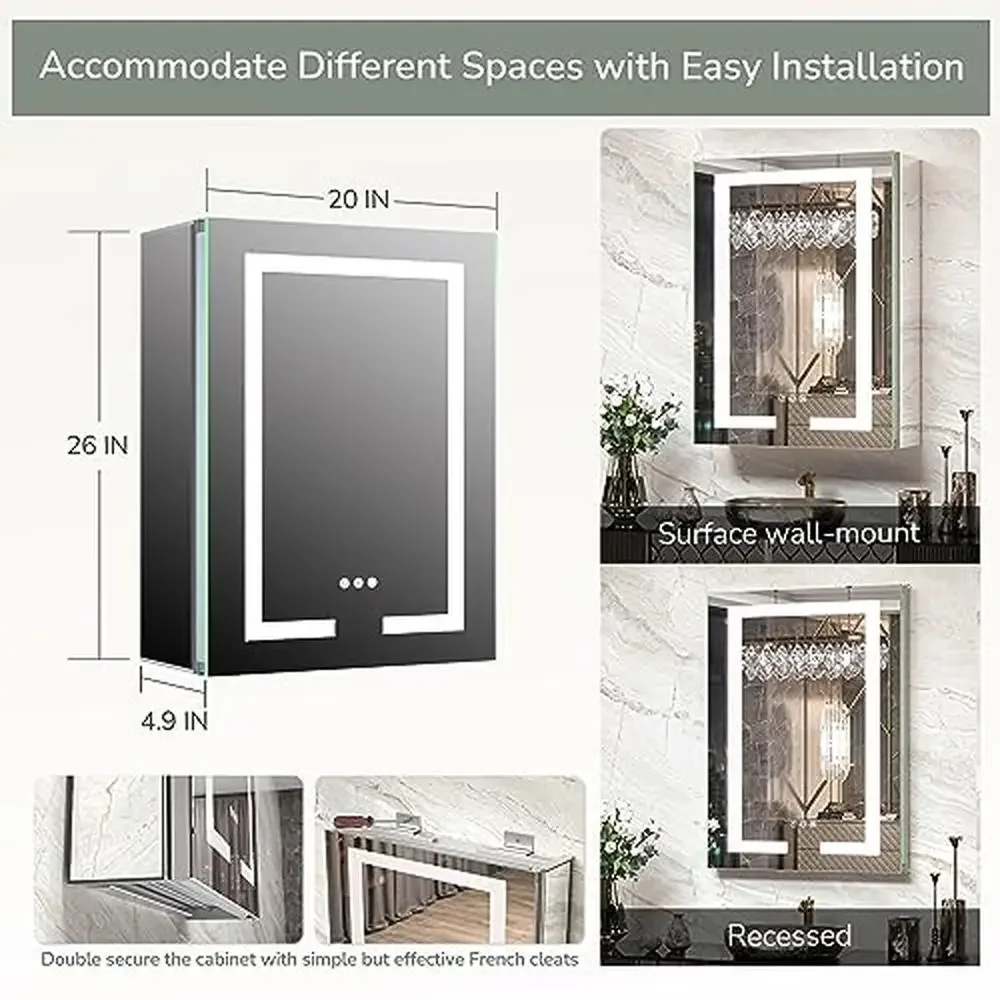 20x26 LED Mirrored Medicine Cabinet with Double-Sided Light and Adjustable Shelves Built-In Charging Station and Soft-Close