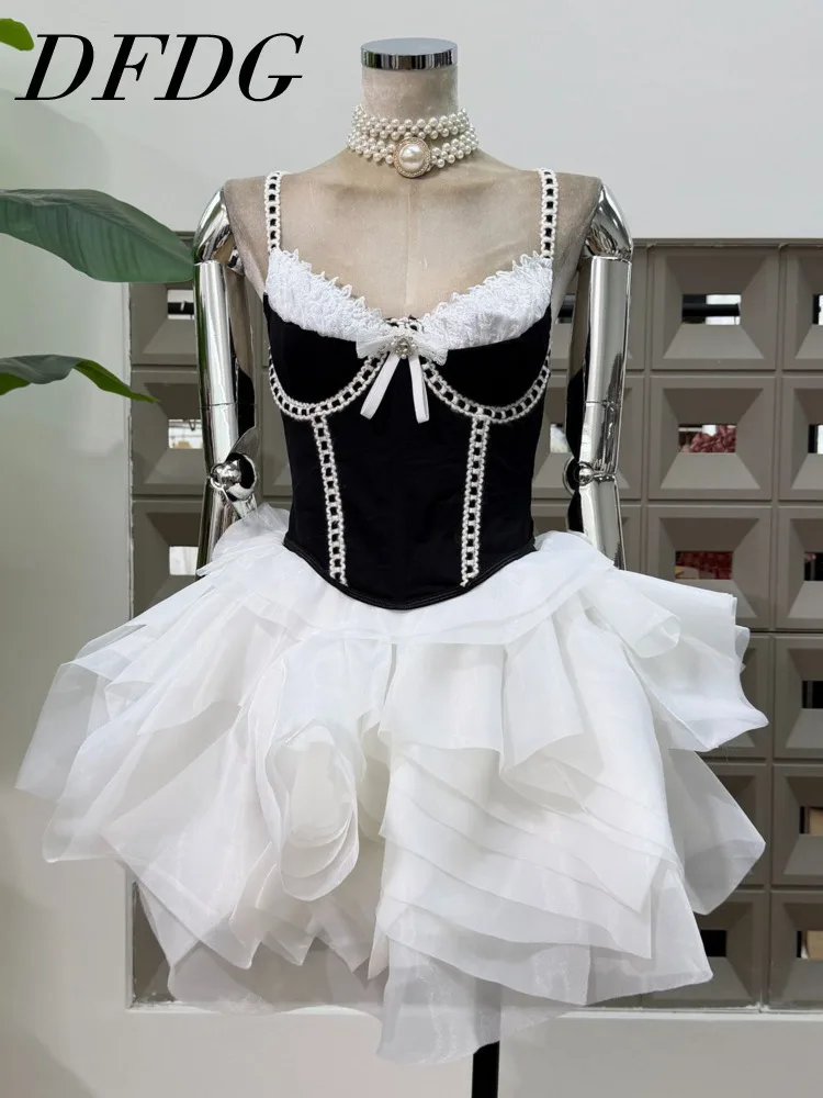 

DFDG Women’s 2025 SS Designer Crochet Trim Tube Top Puffy Asymmetrical Skirt Two Piece Set Spring Summer Beach Party Set