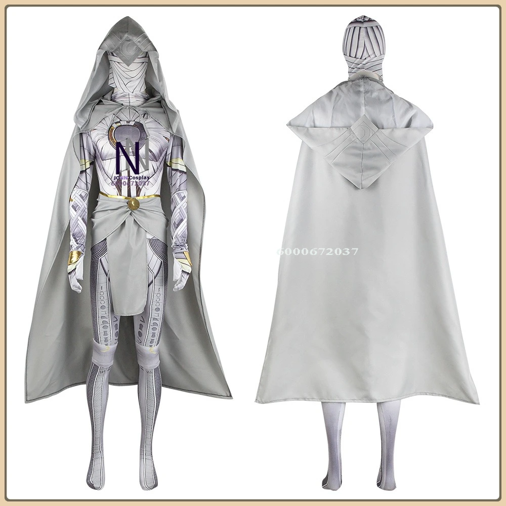 

Movie Moon Knight Cosplay Costume (Fashion Style) Silver Suit Cape + Jumpsuit + Mask Full Set High Quality Anime Outfit (Adult)