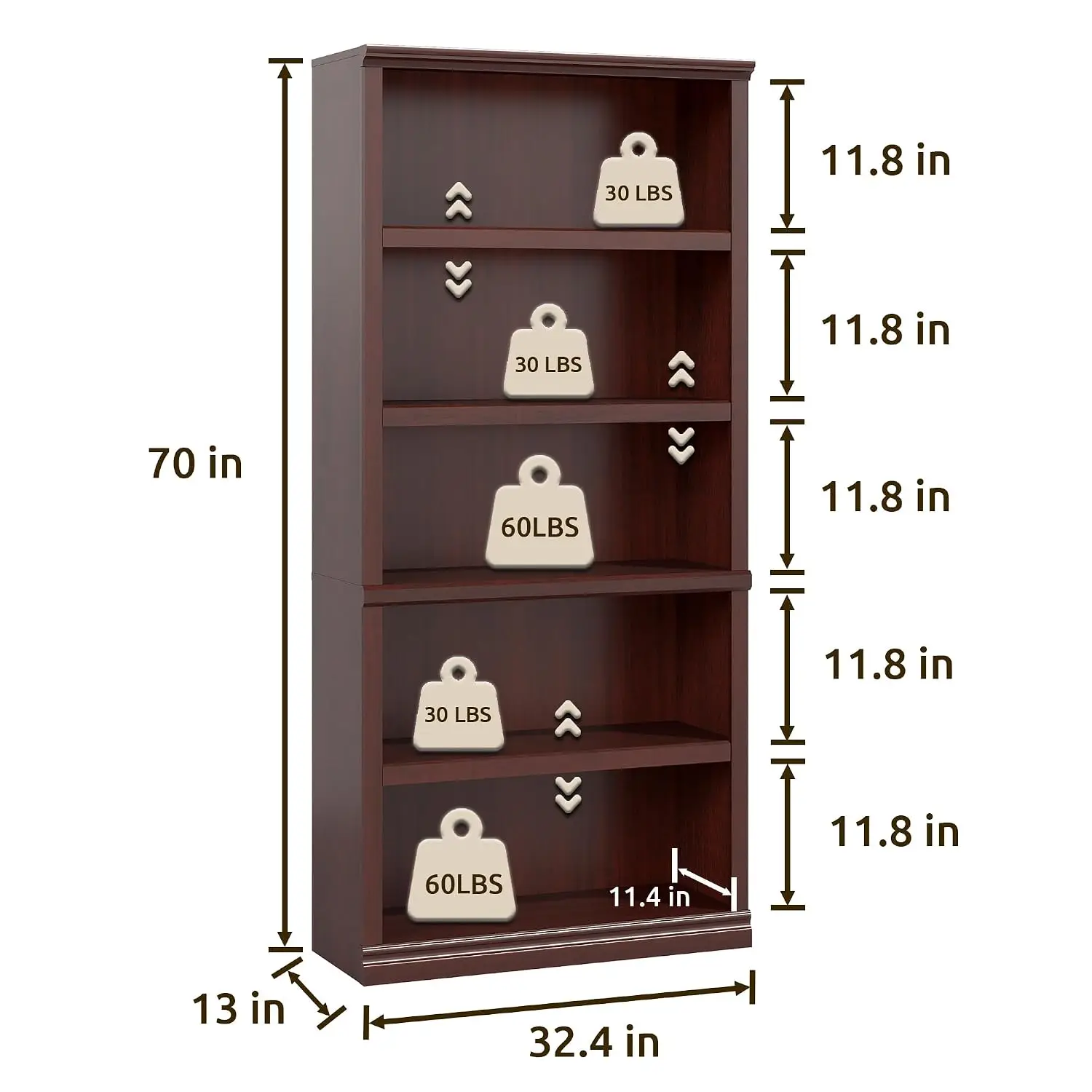 Mahogany Bookcase 5-Tier Open Storage Shelf 70x33 Inch Anti-Tip Home Library Office Bedroom School Furniture, Customized